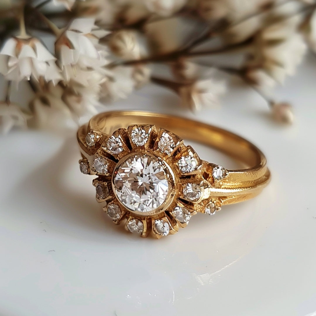 Mandala ring with golden zirconia