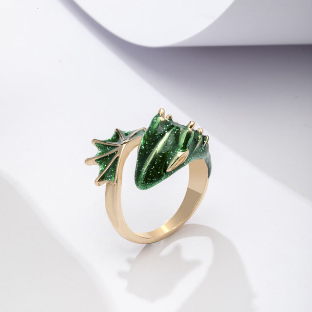 Adjustable Dragon Ring with Green Enamel in