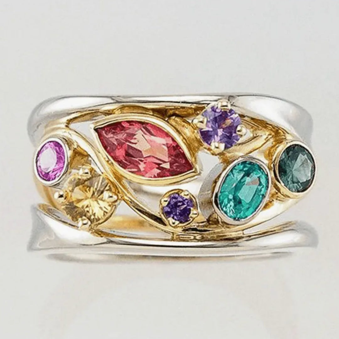 Ring with multicolored crystals