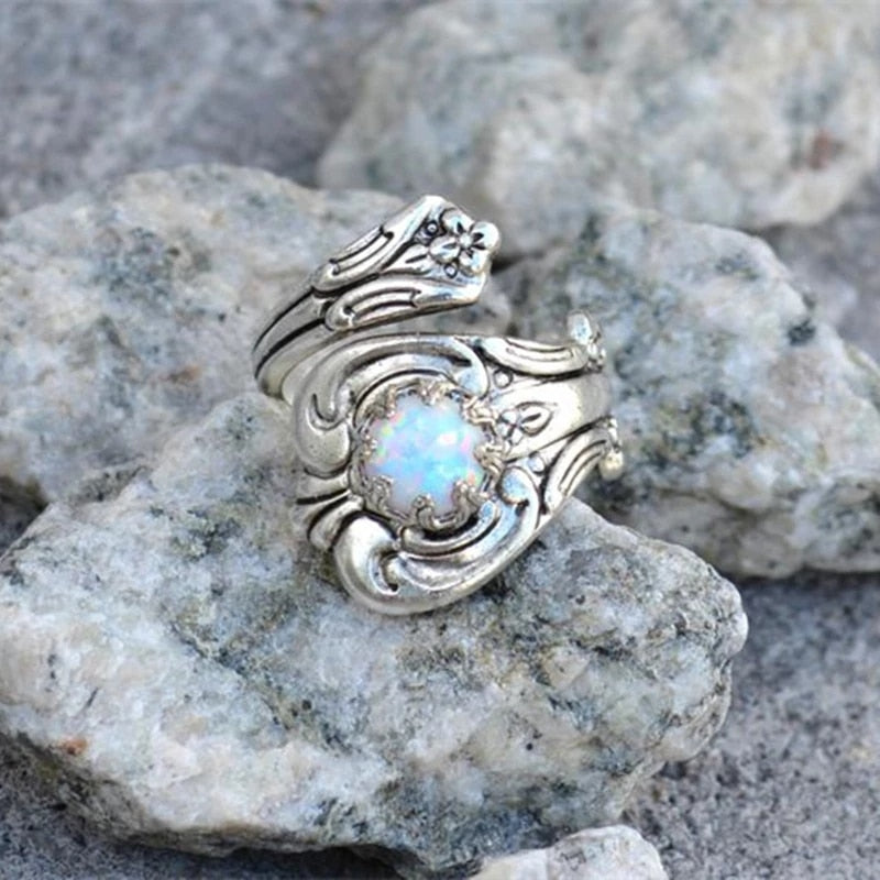 White Fire Opal Adjustable Ring