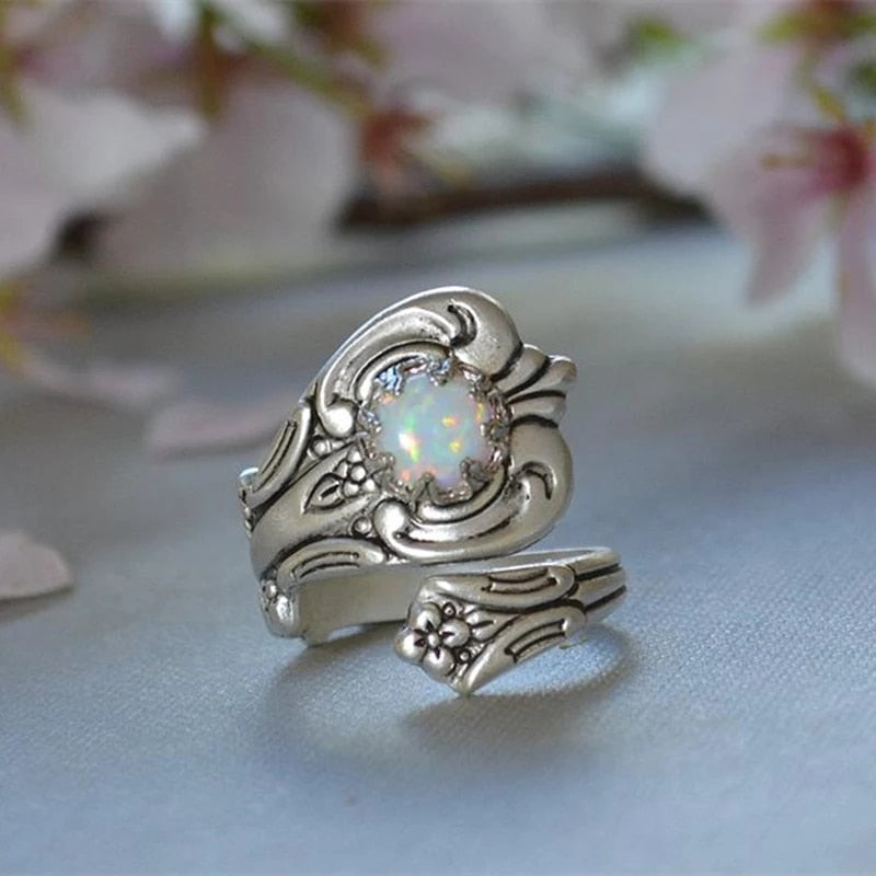 White Fire Opal Adjustable Ring