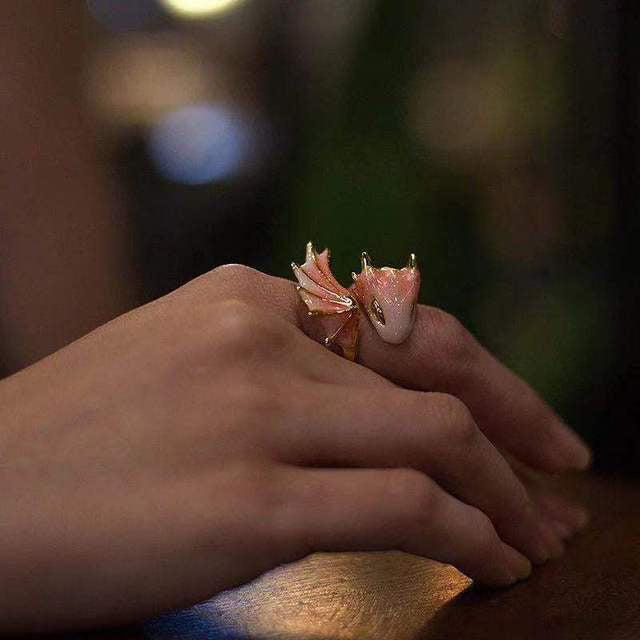 Adjustable dragon ring with pink enamel