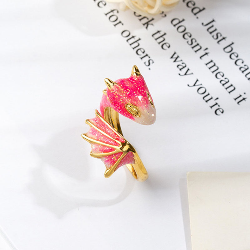 Adjustable dragon ring with pink enamel