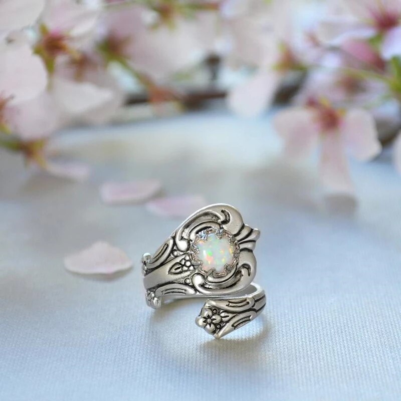 White Fire Opal Adjustable Ring