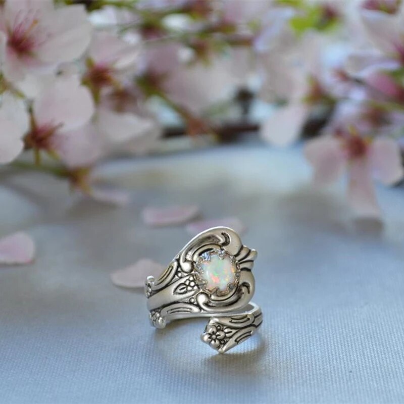White Fire Opal Adjustable Ring