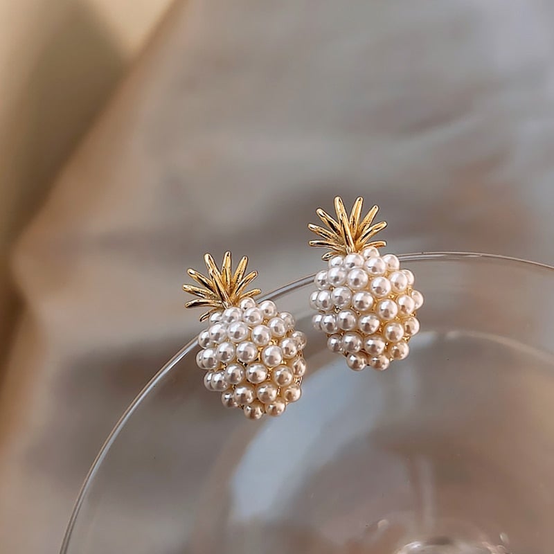 Tropical pineapple earrings with inlaid pearls