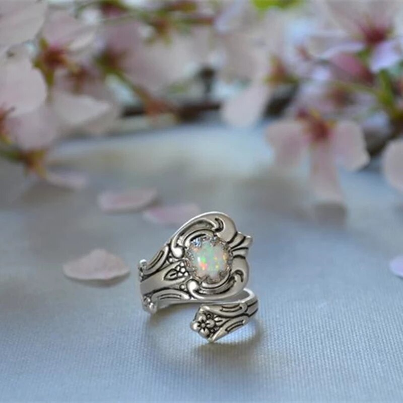 White Fire Opal Adjustable Ring