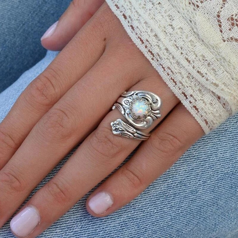 White Fire Opal Adjustable Ring