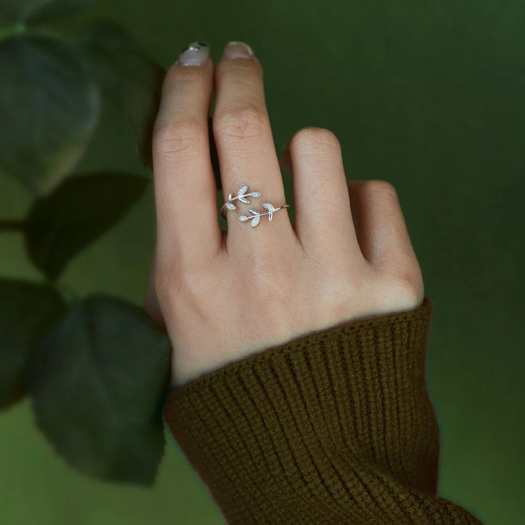 Adjustable Ring with Zirconia Leaves