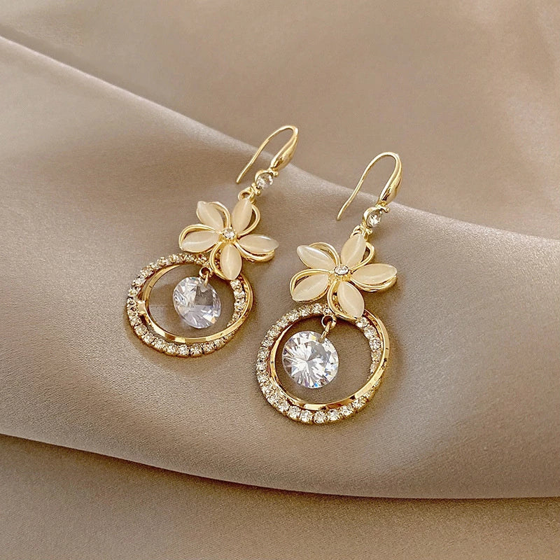 Crystal Zirconia Flower Dangle Earrings
