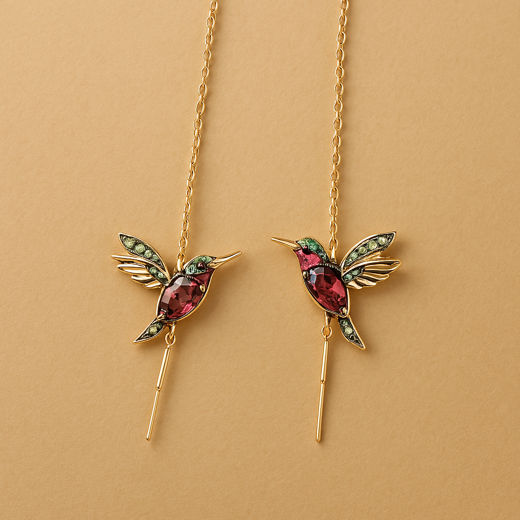 Hummingbird earrings with enamel and zircons