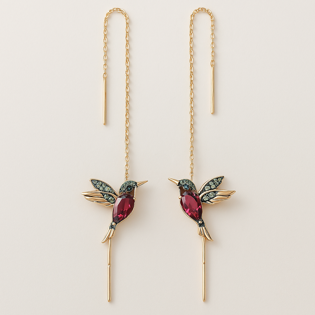 Hummingbird earrings with enamel and zircons