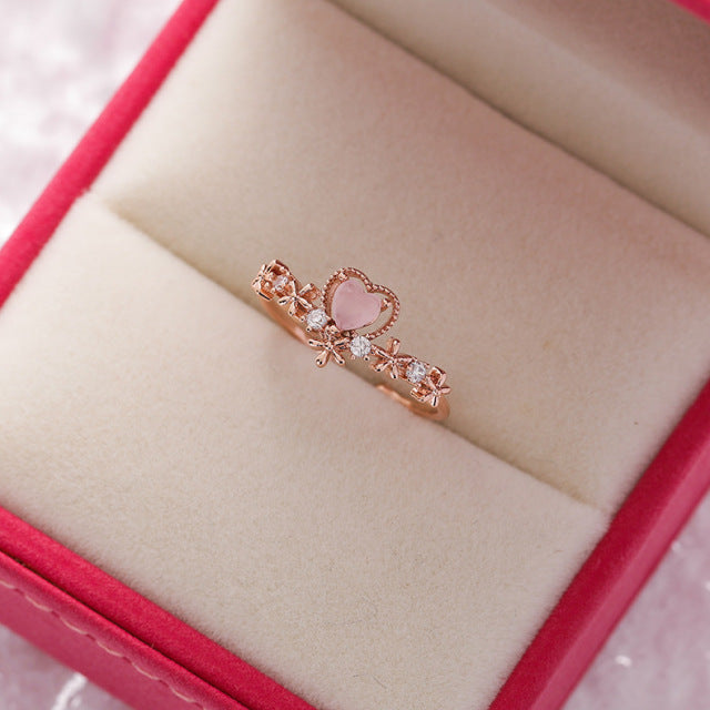 Adjustable pink heart ring with cubic zirconia
