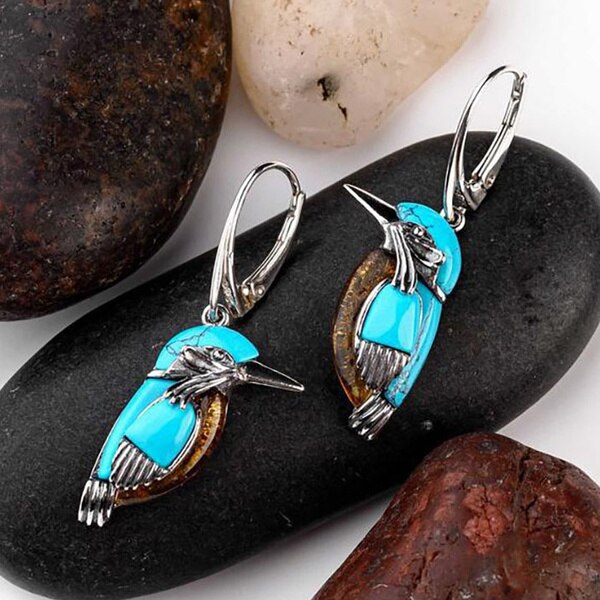 Hand-painted blue bird earrings