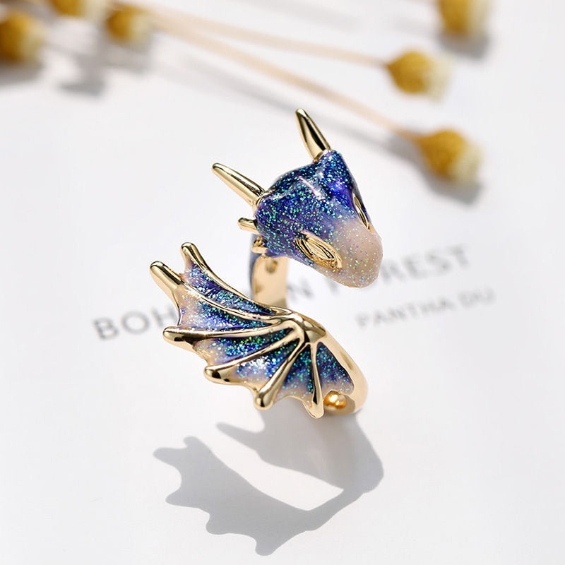 Adjustable enamel dragon ring