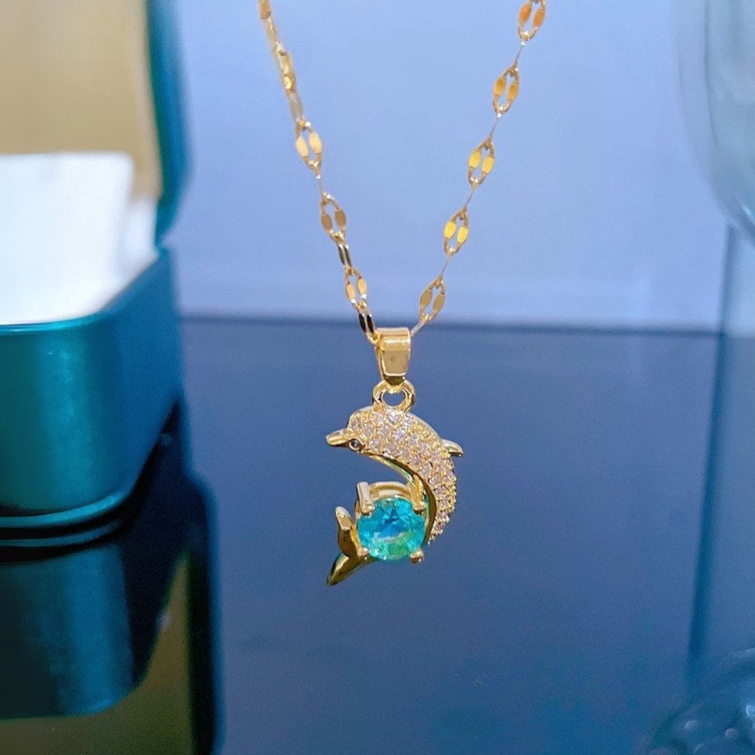 Sea Whisper I Crystal Gold Dolphin Necklace