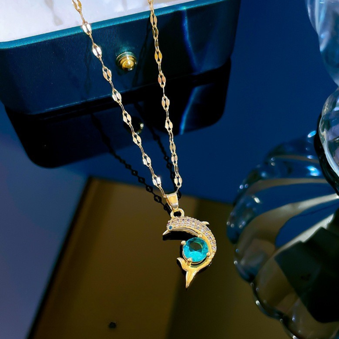 Sea Whisper I Crystal Gold Dolphin Necklace