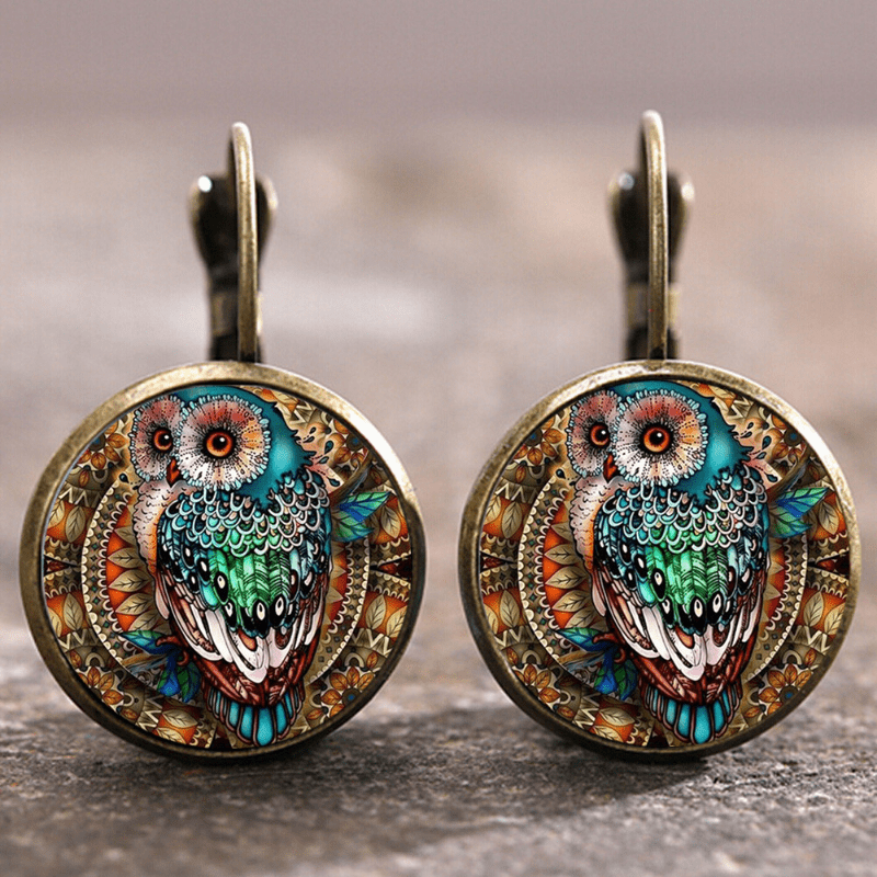 Round crystal owl earrings