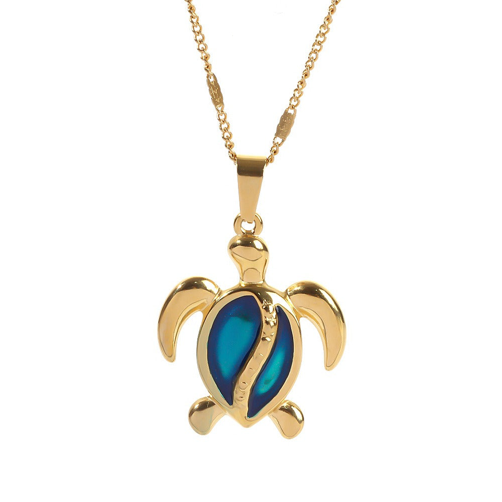 Gold turtle necklace with gold shell and blue opal