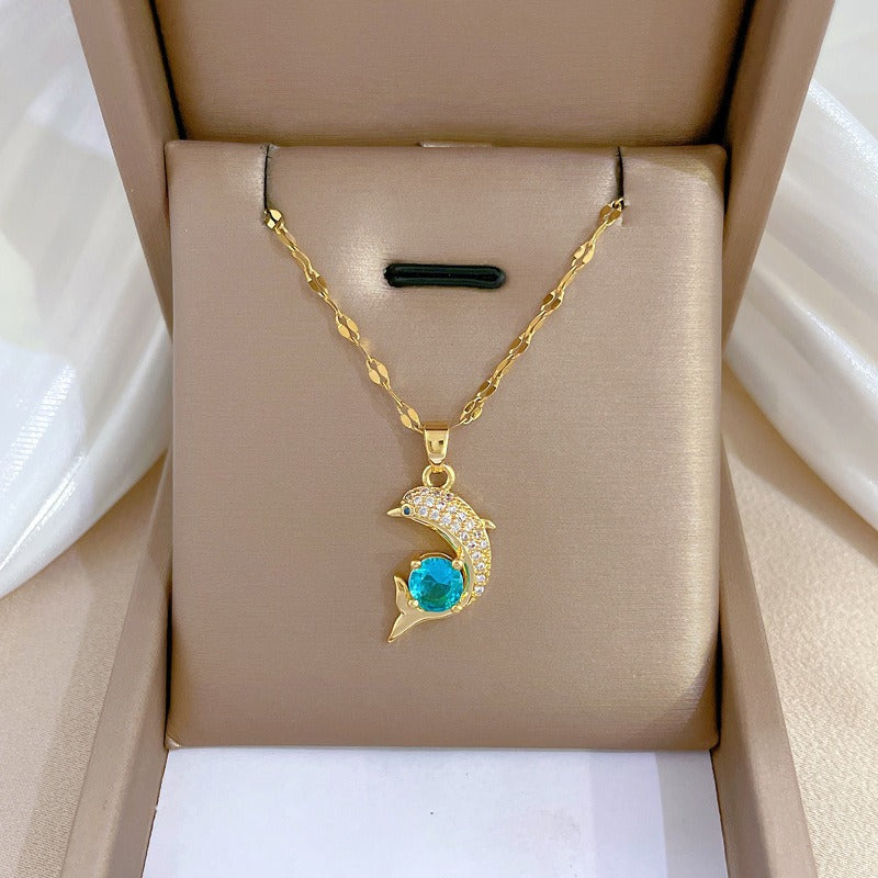 Sea Whisper I Crystal Gold Dolphin Necklace
