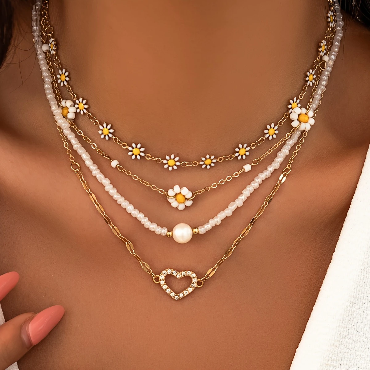 Spring Glow Layered Gold Daisy Necklace I